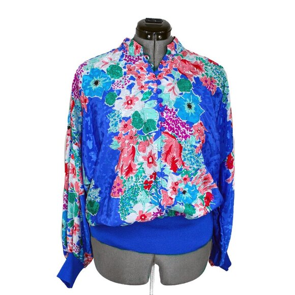 VTG UMBA for Piat LTD Women's Size 16 Blue Floral Blouse Plus Satin Bold Boho - Picture 1 of 4
